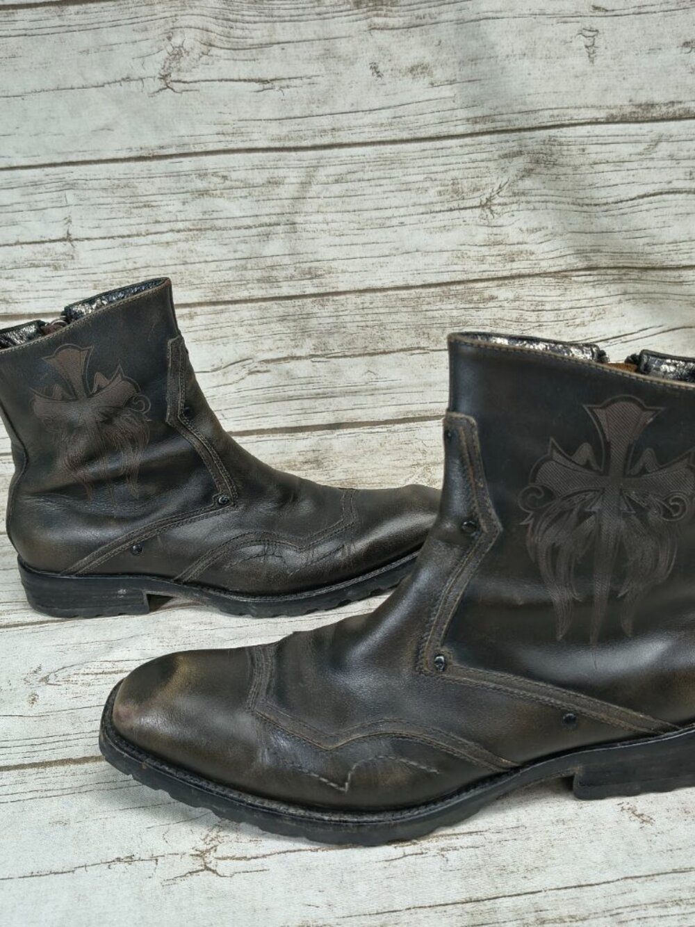 Mark Nason U Rock Leather Cross Side-Zip Ankle Boots Mens Size 8.5 Black Gray